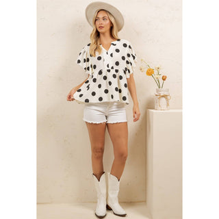 PLAYFUL POLKA PEPLUM TOP-Sage + Fig-Stuffology - Where Vintage Meets Modern, A Boutique for Real Women in Crosbyton, TX