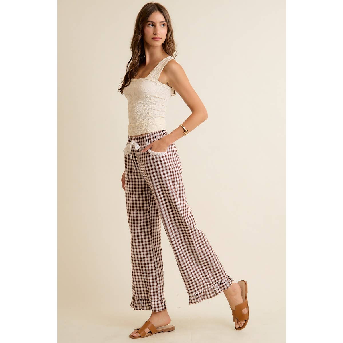 GINGHAM LACE RUFFLED PULL ON PANTS-So Me-Stuffology - Where Vintage Meets Modern, A Boutique for Real Women in Crosbyton, TX