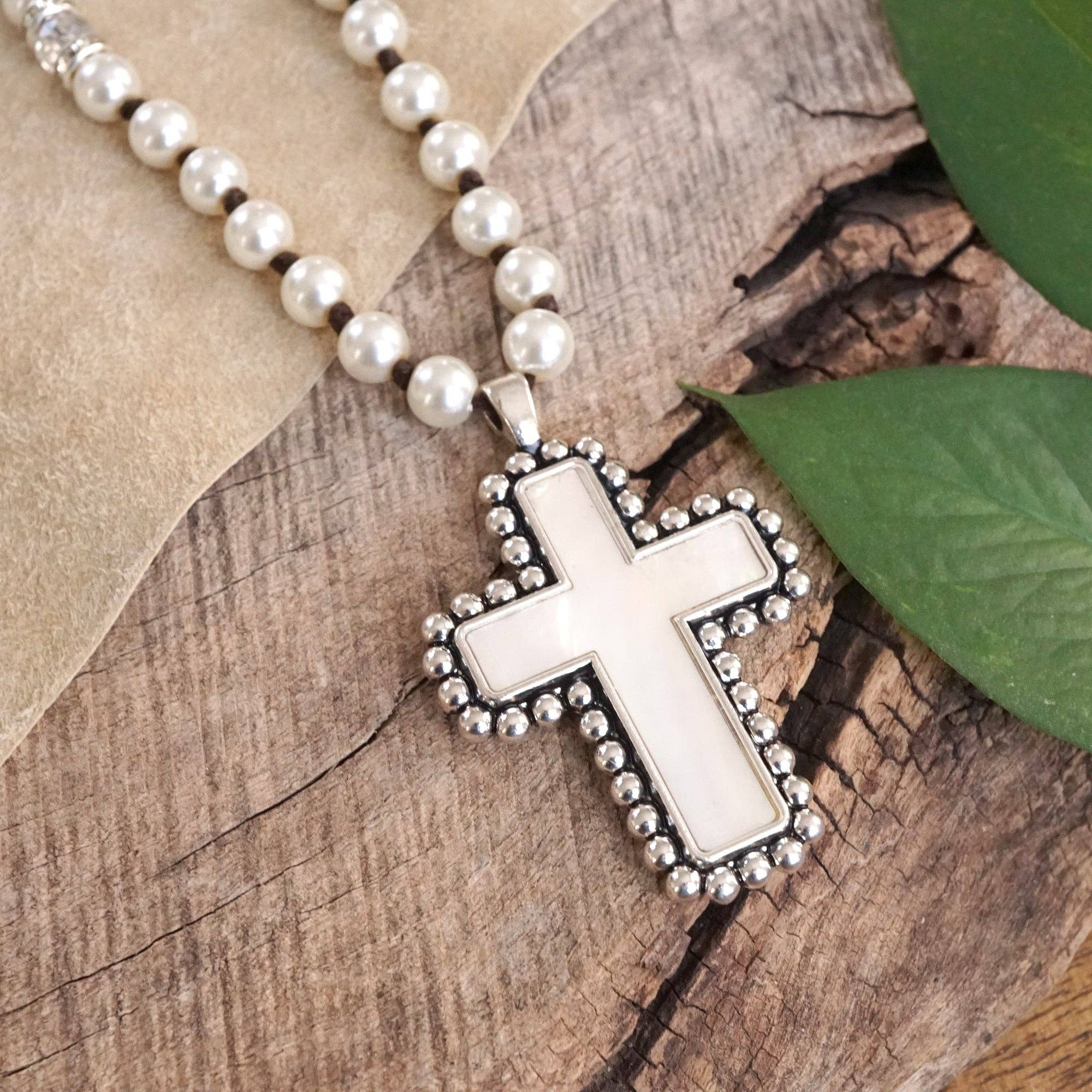 Pearlized beads Necklace with Cross and Clover pendant Mother of Pearl Abalone-PennyLine inc-Stuffology - Where Vintage Meets Modern, A Boutique for Real Women in Crosbyton, TX