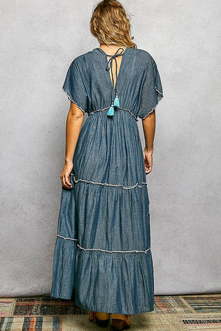 Embroidery Ruffle Neck Loop Cotton Denim V-neck Long Dress-Pol Clothing-Stuffology - Where Vintage Meets Modern, A Boutique for Real Women in Crosbyton, TX