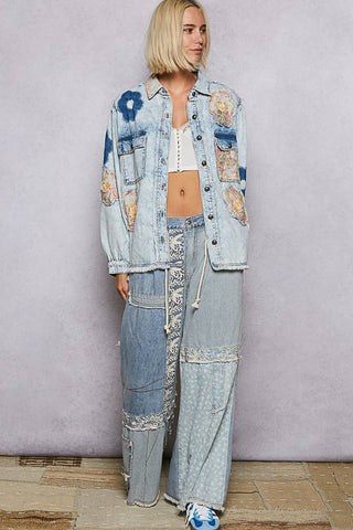 Balloon sleeve floral patch detail denim jacket-Denim Jacket-Pol Clothing-Stuffology - Where Vintage Meets Modern, A Boutique for Real Women in Crosbyton, TX