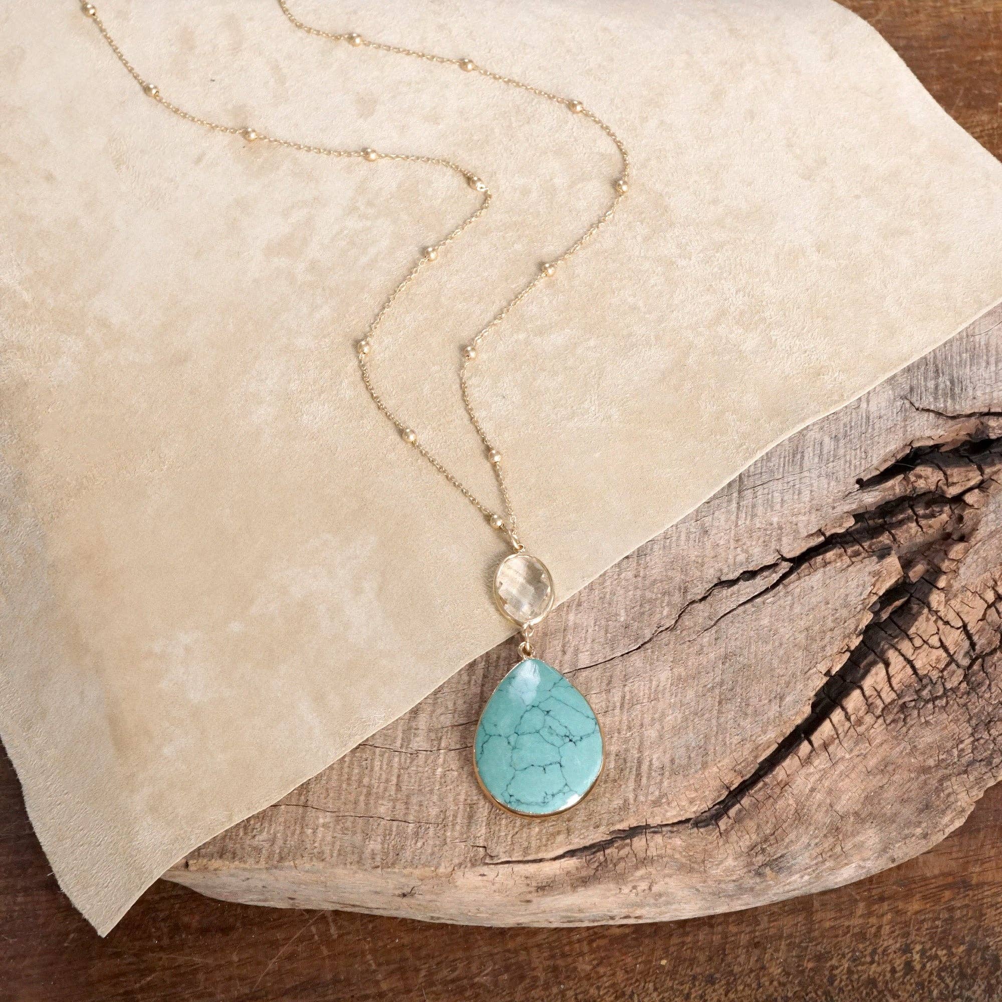 Boho Minimal Long Necklace with Teardrop Natural Stone Pendant – Turquoise and Worn Gold Tone-PennyLine inc-Stuffology - Where Vintage Meets Modern, A Boutique for Real Women in Crosbyton, TX