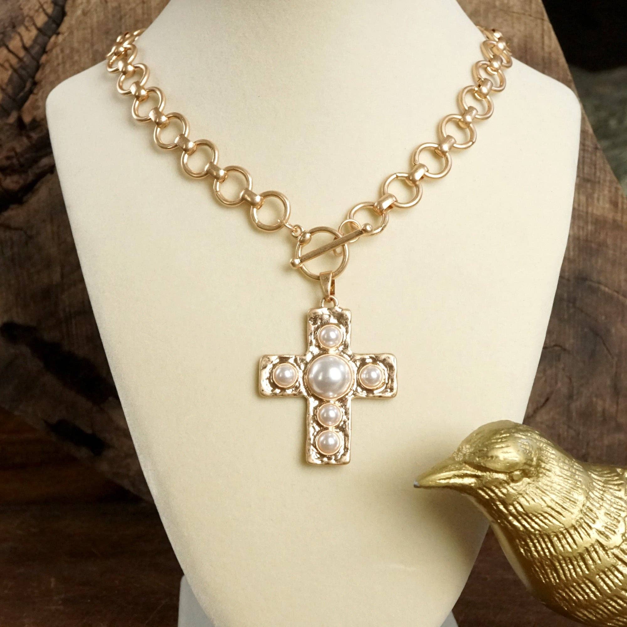 Primitive Cross Necklace – Worn Gold Tone with Acrylic Turquoise or Pearl Cabochons-PennyLine inc-Stuffology - Where Vintage Meets Modern, A Boutique for Real Women in Crosbyton, TX