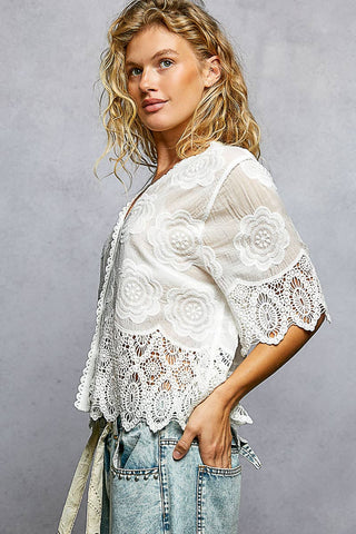 Crochet Trim Neckline Short Sleeve Jacket Top-Pol Clothing-Stuffology - Where Vintage Meets Modern, A Boutique for Real Women in Crosbyton, TX