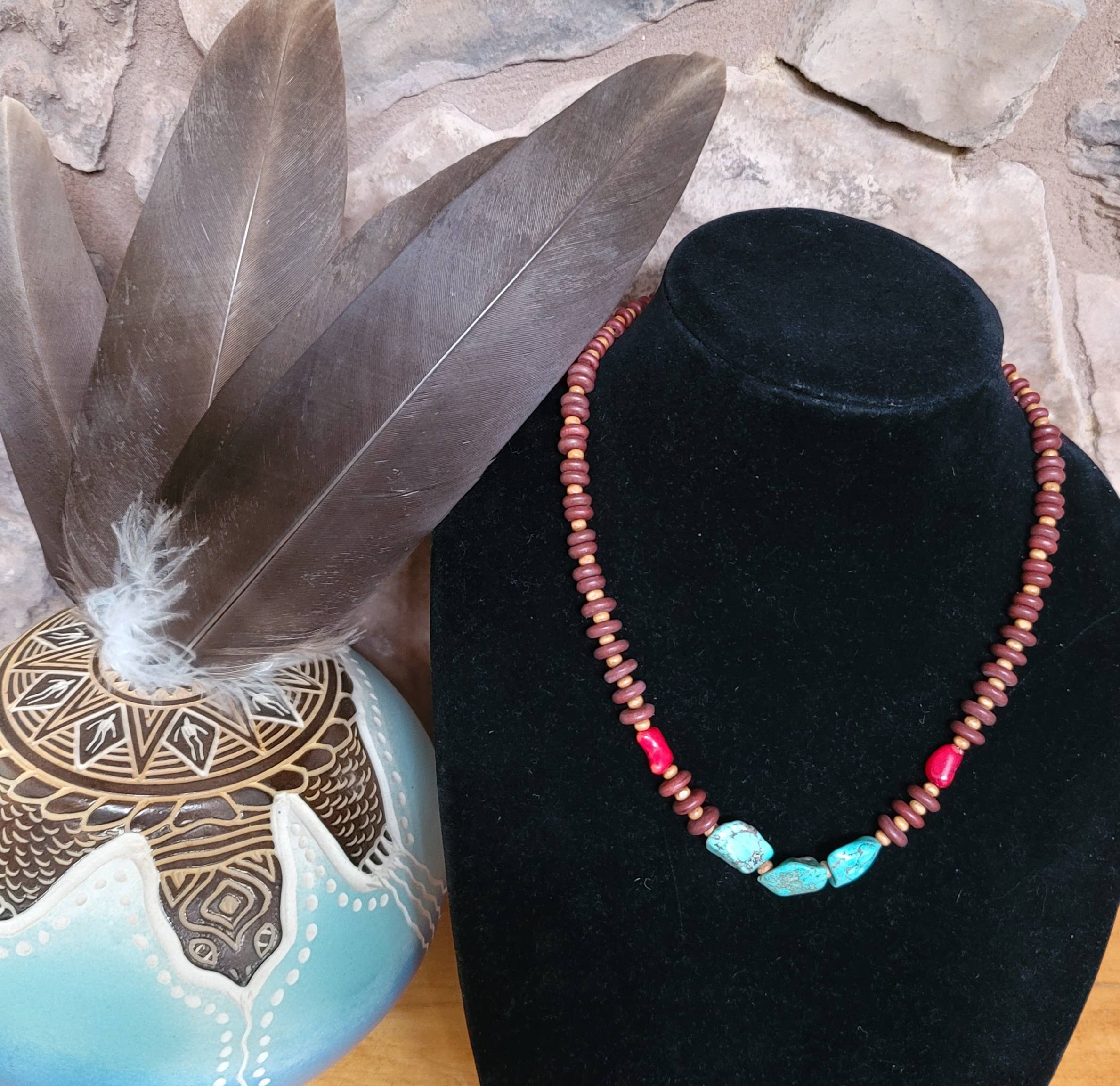 Turquoise, Coral Necklace, wood beads Native American made-Necklaces-Horse Spirit Studio-Stuffology - Where Vintage Meets Modern, A Boutique for Real Women in Crosbyton, TX