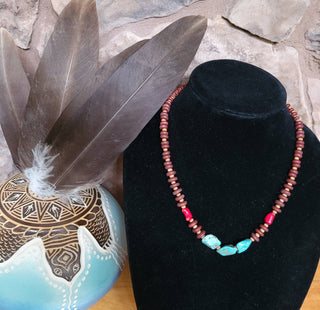 Turquoise, Coral Necklace, wood beads Native American made-Necklaces-Horse Spirit Studio-Stuffology - Where Vintage Meets Modern, A Boutique for Real Women in Crosbyton, TX
