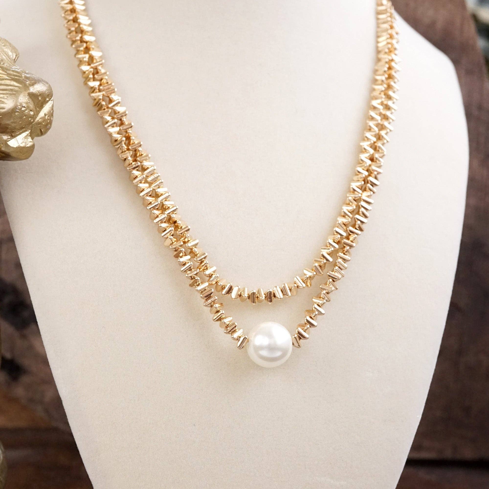 Golden Grace – Double Layer Necklace with Pearl and 3D Beads-Necklaces-PennyLine inc-Stuffology - Where Vintage Meets Modern, A Boutique for Real Women in Crosbyton, TX