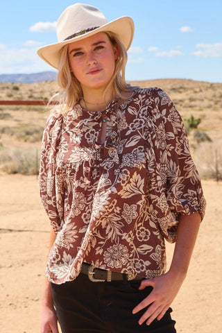 Mocha Wave Boho Printed Top-TOP-Oddi-Stuffology - Where Vintage Meets Modern, A Boutique for Real Women in Crosbyton, TX