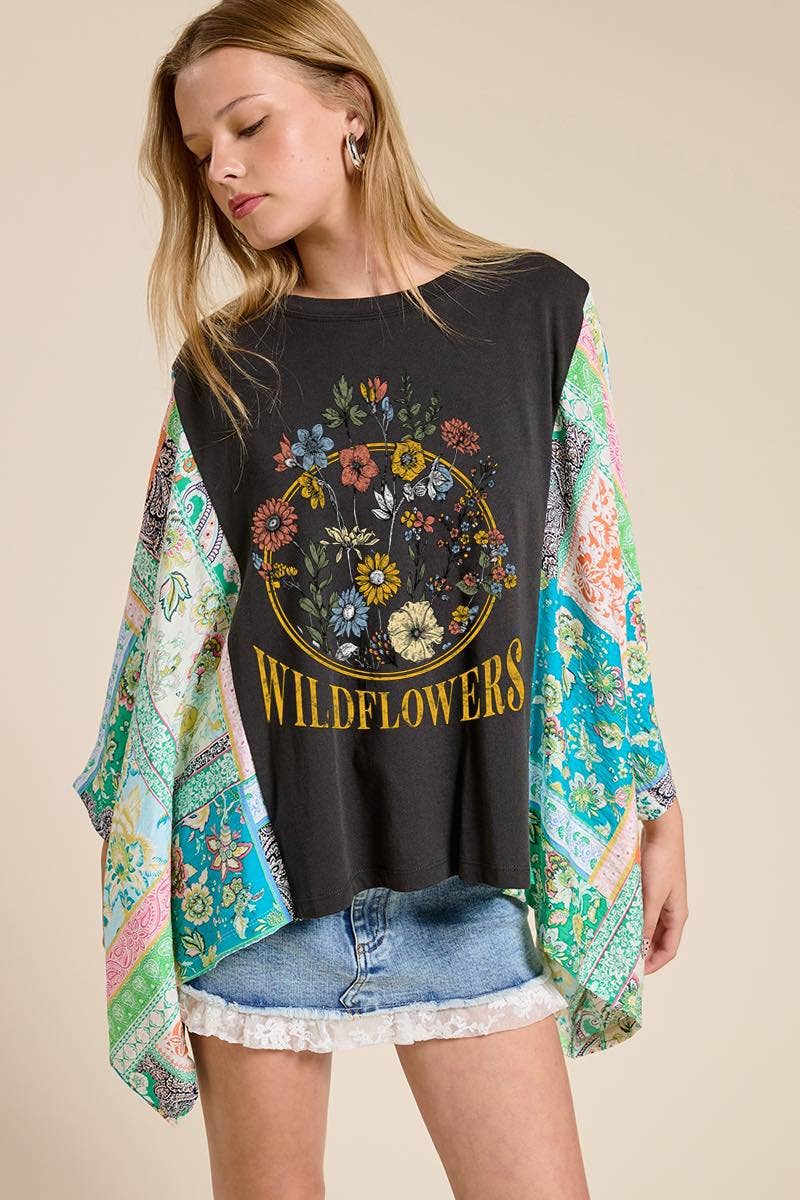 Wildflowers Vintage Graphic Rustic Contrast Poncho Top-Graphic Tees-Zutter-Stuffology - Where Vintage Meets Modern, A Boutique for Real Women in Crosbyton, TX