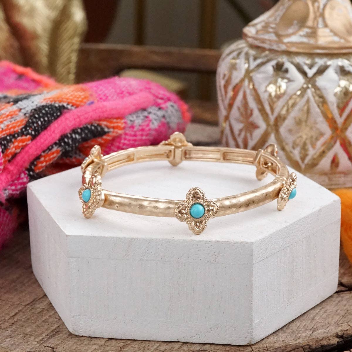 Sun-Kissed Shine – Medallion Stretchy Bangle with Pearl or Turquoise-Bracelets-PennyLine inc-Stuffology - Where Vintage Meets Modern, A Boutique for Real Women in Crosbyton, TX