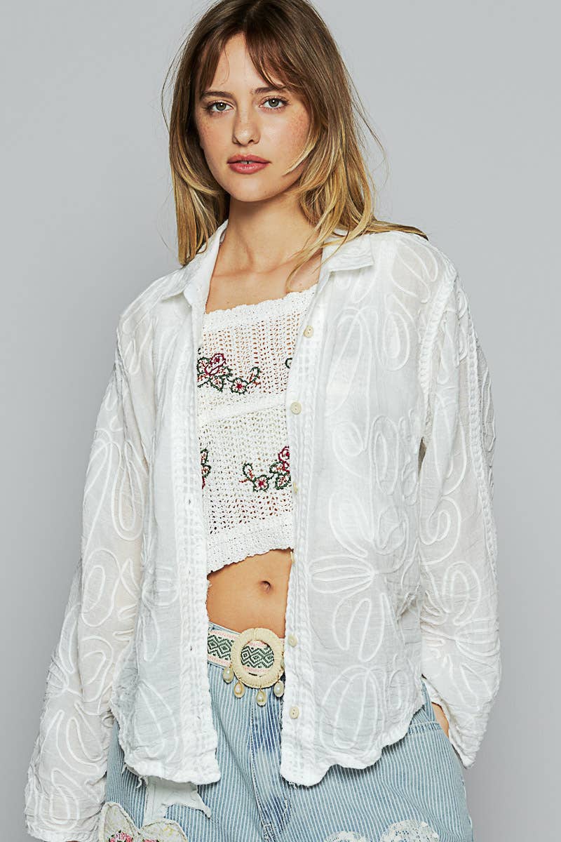 POL Clothing Long Sleeve Floral Embroidered Shirt-Shirt / Jacket-Pol Clothing-Stuffology - Where Vintage Meets Modern, A Boutique for Real Women in Crosbyton, TX