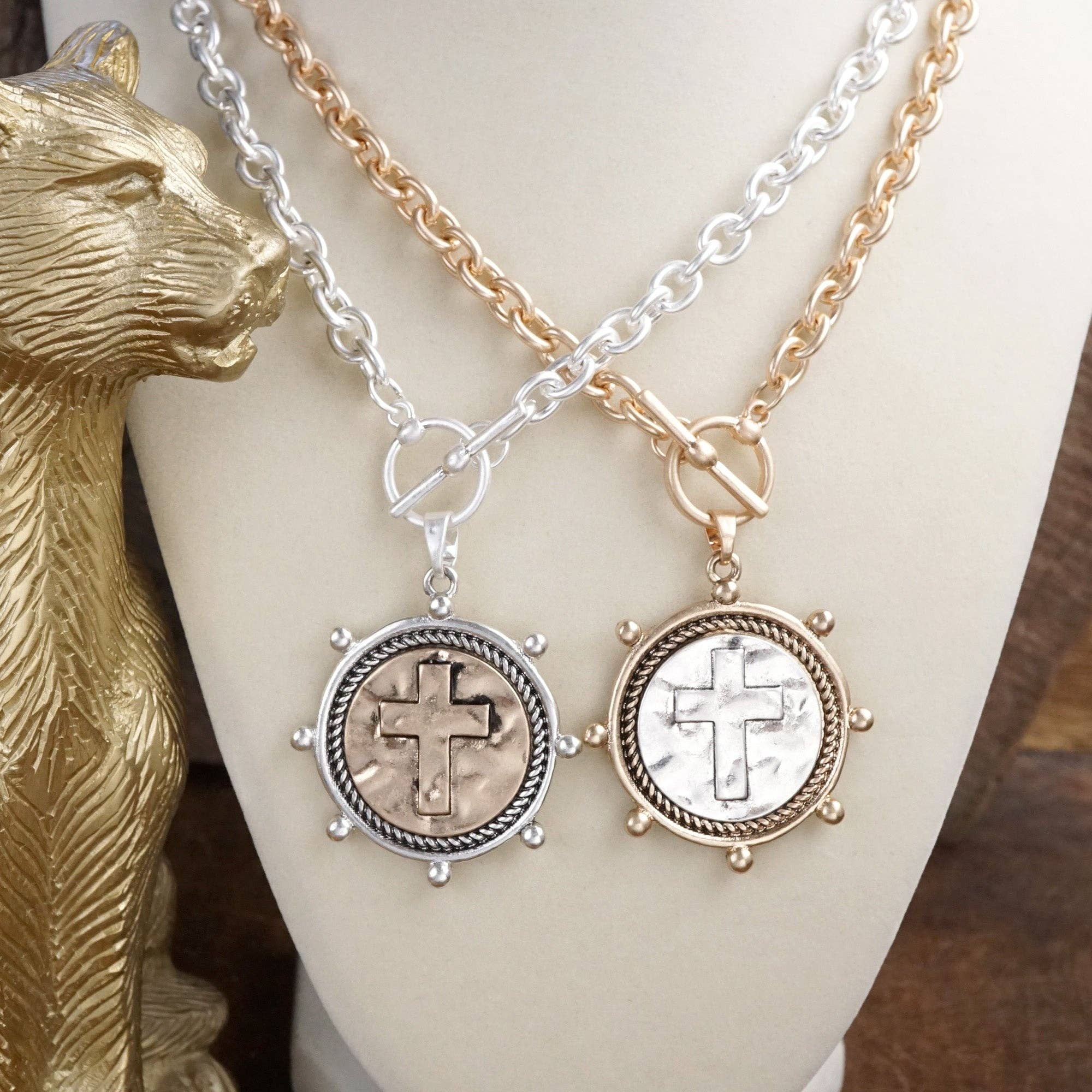 Cross Coin Chain Necklace with Front Toggle Closure – Silver or Gold Tone-Necklaces-PennyLine inc-Stuffology - Where Vintage Meets Modern, A Boutique for Real Women in Crosbyton, TX