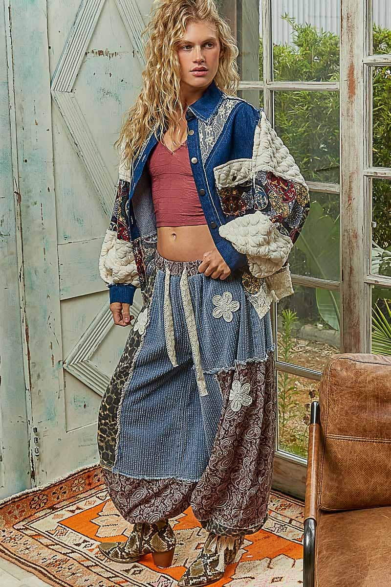 POL Clothing - Denim Patchwork Jacket-Denim Jacket-Pol Clothing-Stuffology - Where Vintage Meets Modern, A Boutique for Real Women in Crosbyton, TX