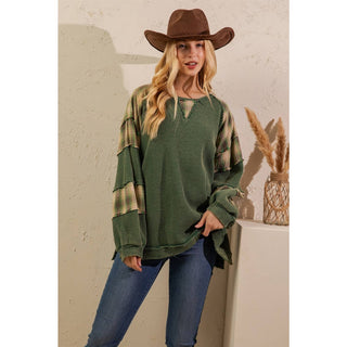 WAFFLE KNIT PATCHWORK PULLOVER-TOP-Sage + Fig-Stuffology - Where Vintage Meets Modern, A Boutique for Real Women in Crosbyton, TX