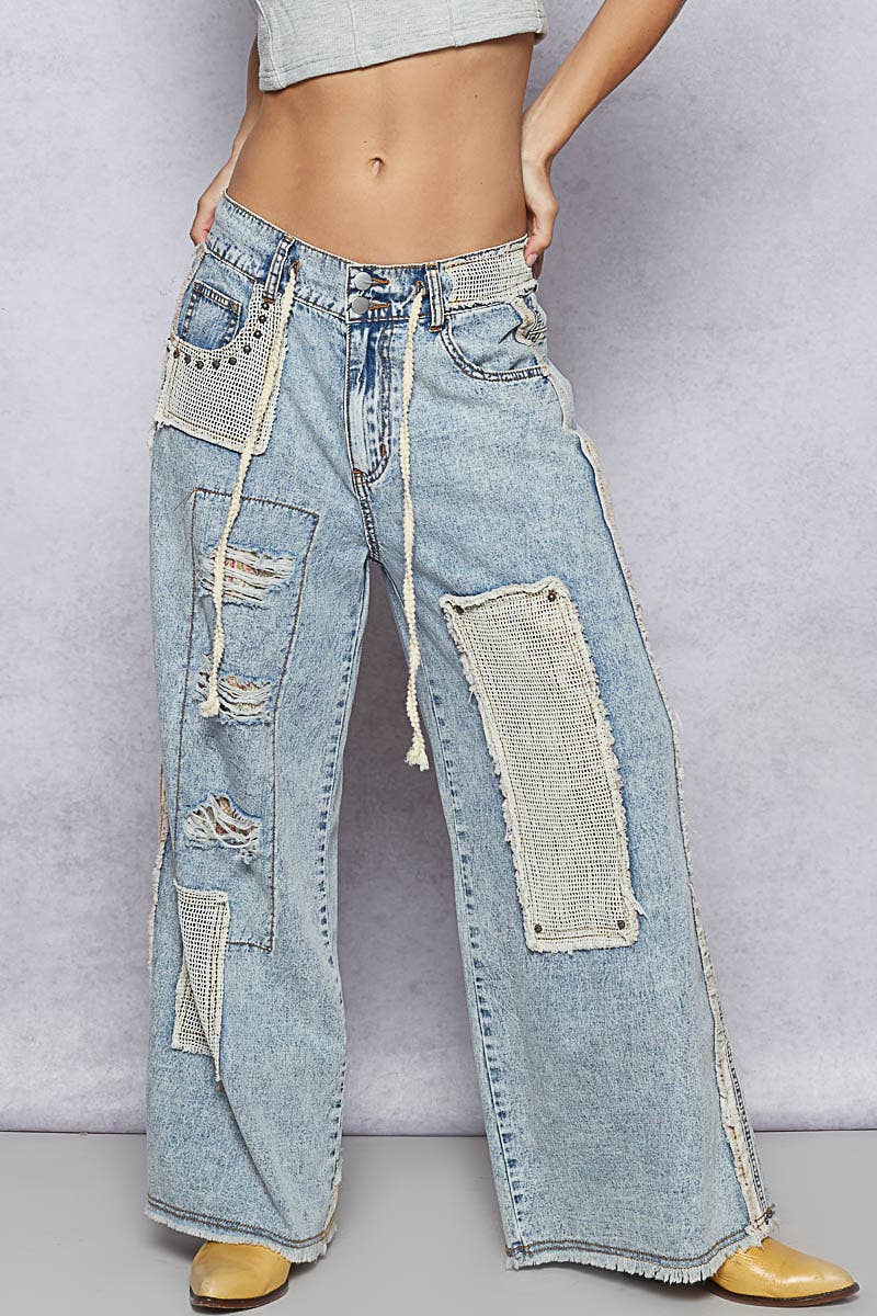 POL Clothing Stud Detail Patchwork Denim Pants-Jeans-Pol Clothing-Stuffology - Where Vintage Meets Modern, A Boutique for Real Women in Crosbyton, TX