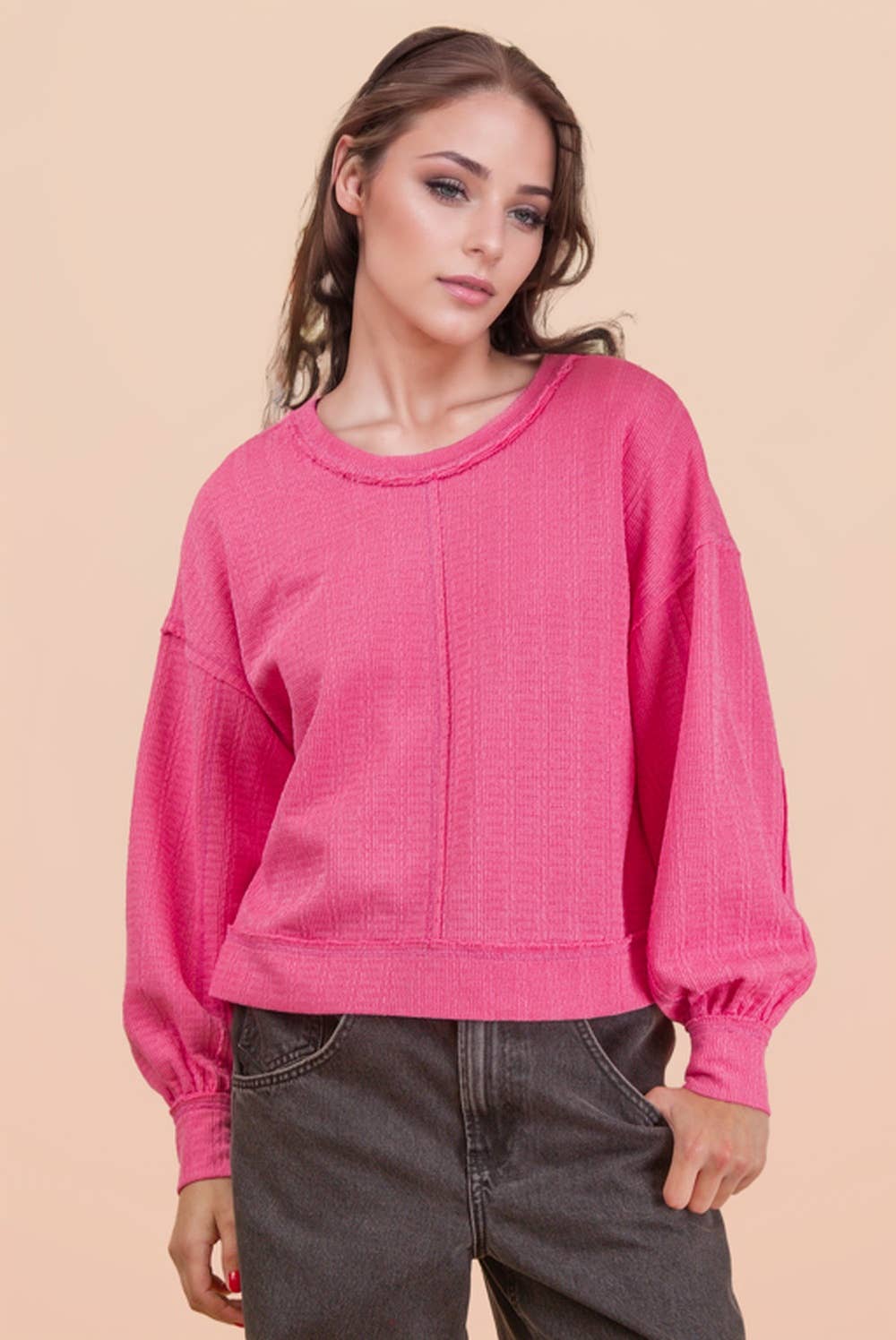 Raw Edge Detail Oversized Textured Knit Top-Top-VERY J-Stuffology - Where Vintage Meets Modern, A Boutique for Real Women in Crosbyton, TX