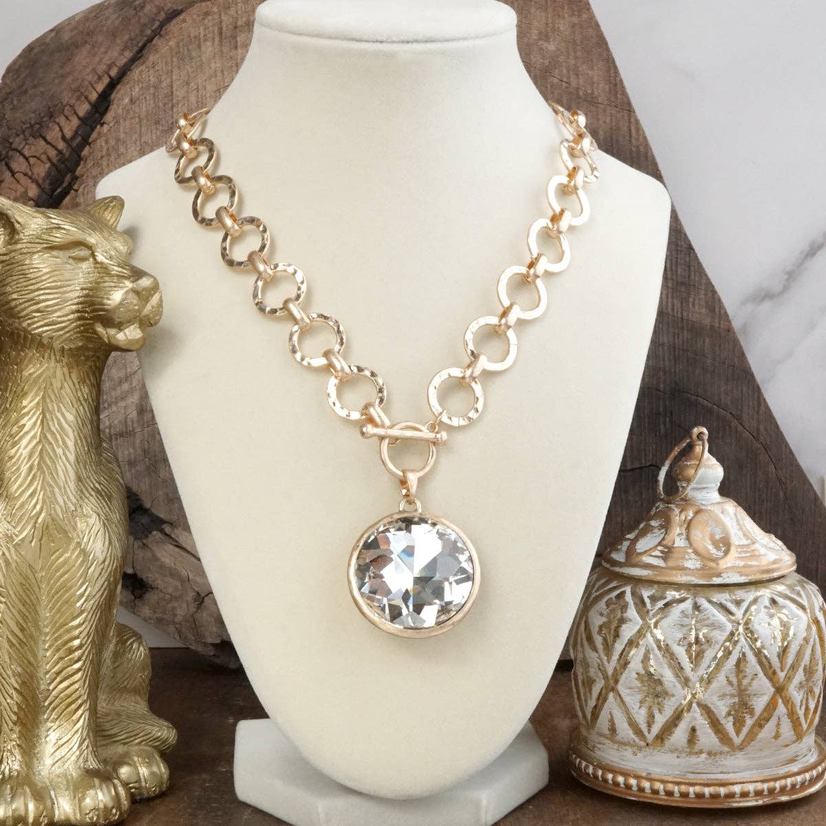 Gilded Radiance – Chunky Ring Chain Necklace with Sparkly Crystal-necklace-PennyLine inc-Stuffology - Where Vintage Meets Modern, A Boutique for Real Women in Crosbyton, TX