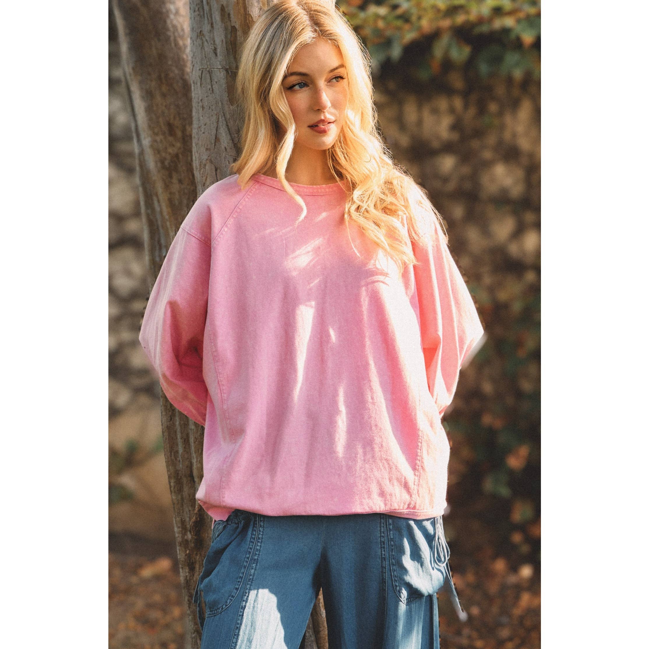 MINERAL WASH OVERSIZE PUFF-SLEEVE PULLOVER TEE-TOP-Sage + Fig-Stuffology - Where Vintage Meets Modern, A Boutique for Real Women in Crosbyton, TX