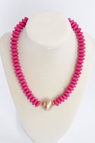 Wood Saucer Beads Short Statement Necklace Gold center Hot Pink Beige Turquoise-Necklaces-PennyLine inc-Stuffology - Where Vintage Meets Modern, A Boutique for Real Women in Crosbyton, TX