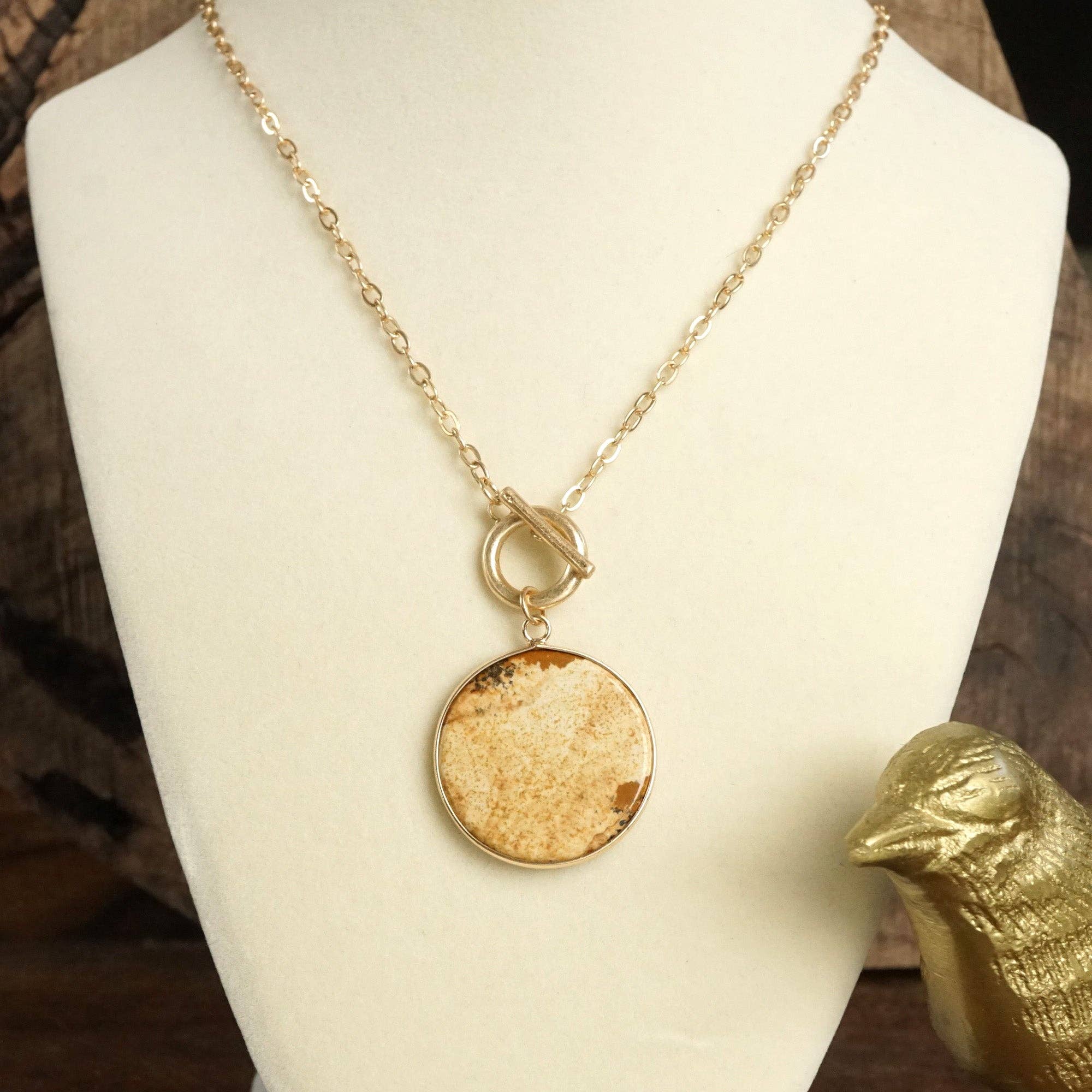 Semi-Precious Disc Pendant Front Toggle Chain Necklace-Necklaces-PennyLine inc-Stuffology - Where Vintage Meets Modern, A Boutique for Real Women in Crosbyton, TX