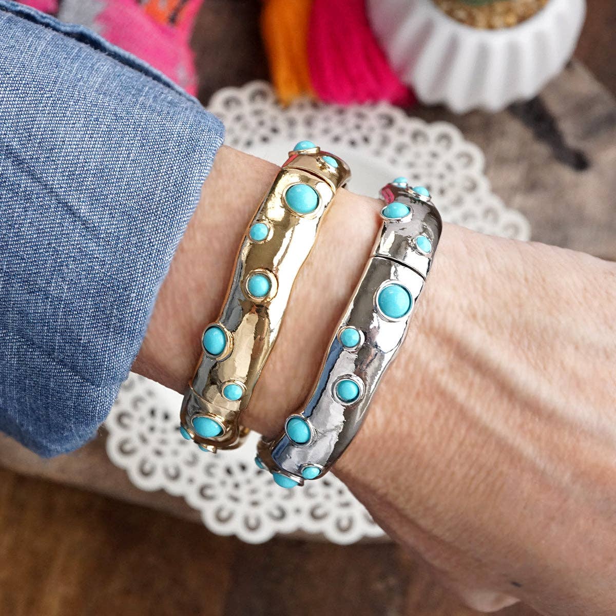 Desert Dew – Turquoise Cabochon Stretch Bangle-Bracelets-PennyLine inc-Stuffology - Where Vintage Meets Modern, A Boutique for Real Women in Crosbyton, TX