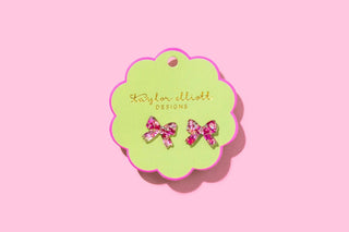 Stud Earrings - Acrylic Ribbon Bows - Pink + Silver Confetti-Earrings-Taylor Elliott Designs-Stuffology - Where Vintage Meets Modern, A Boutique for Real Women in Crosbyton, TX
