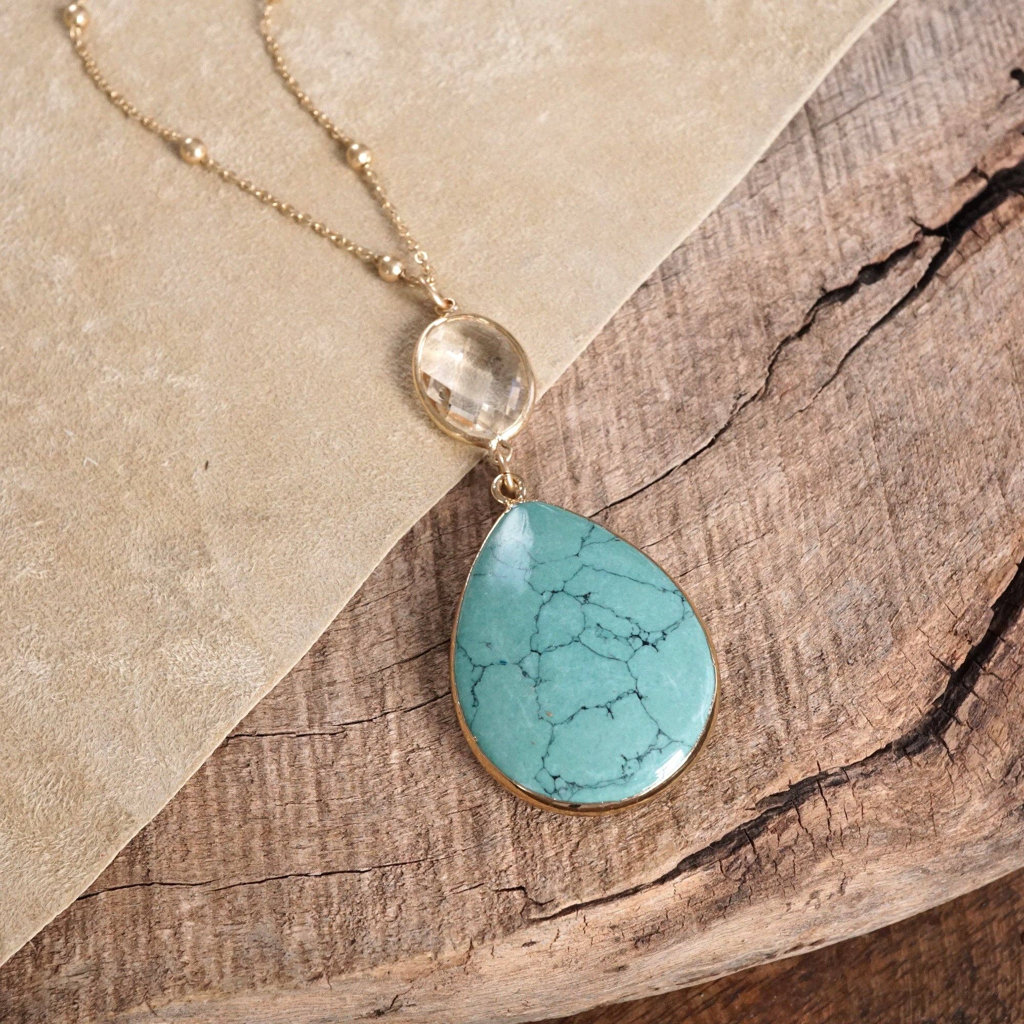 Boho Minimal Long Necklace with Teardrop Natural Stone Pendant – Turquoise and Worn Gold Tone-PennyLine inc-Stuffology - Where Vintage Meets Modern, A Boutique for Real Women in Crosbyton, TX