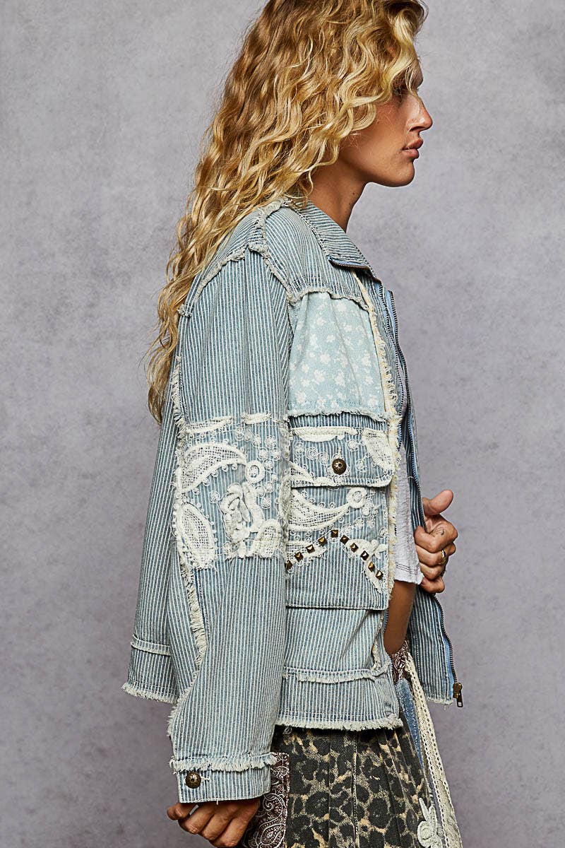 Long sleeve textured woven lace patchwork jacket-Pol Clothing-Stuffology - Where Vintage Meets Modern, A Boutique for Real Women in Crosbyton, TX