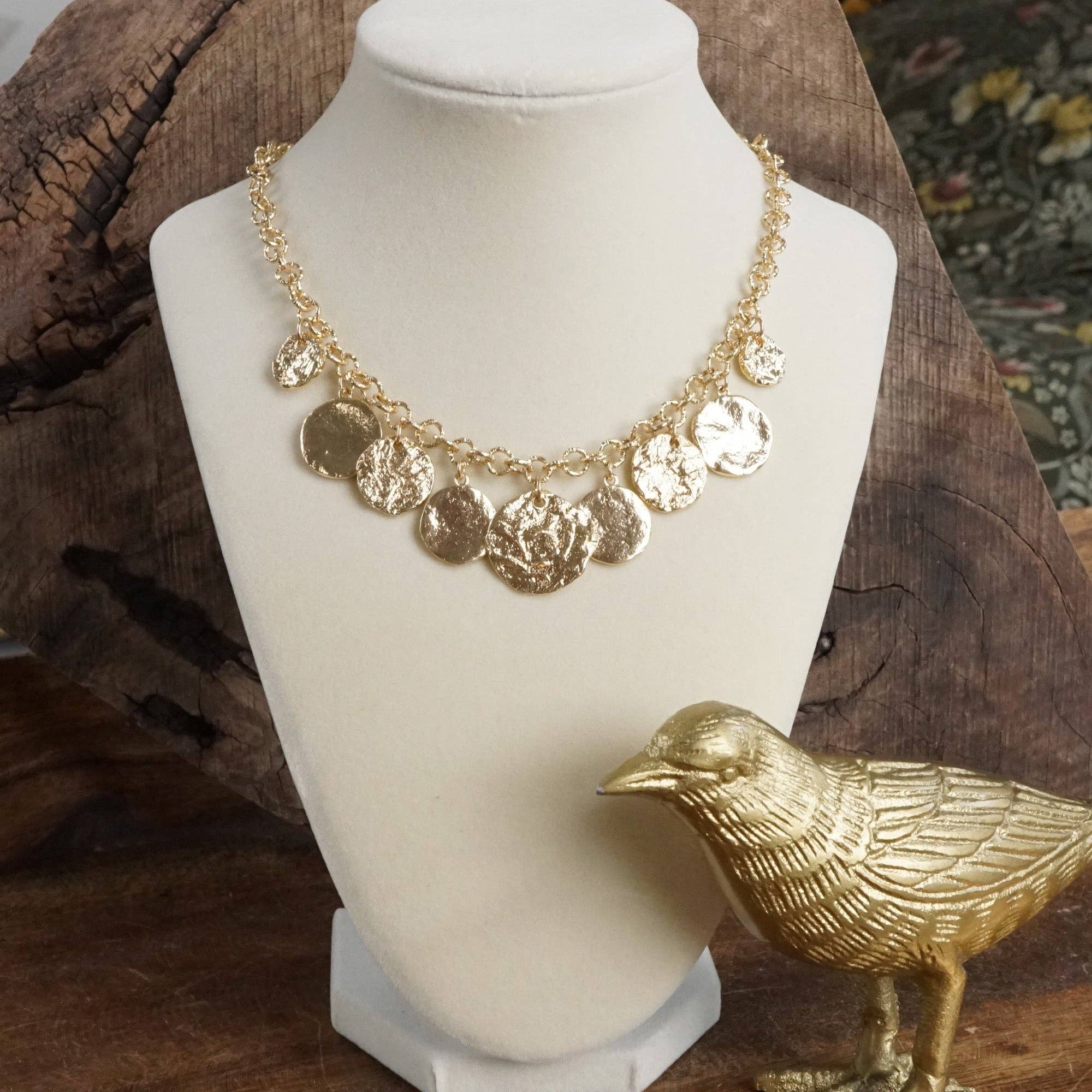 Textured Coins Statement Necklace – Gold Tone-Necklaces-PennyLine inc-Stuffology - Where Vintage Meets Modern, A Boutique for Real Women in Crosbyton, TX
