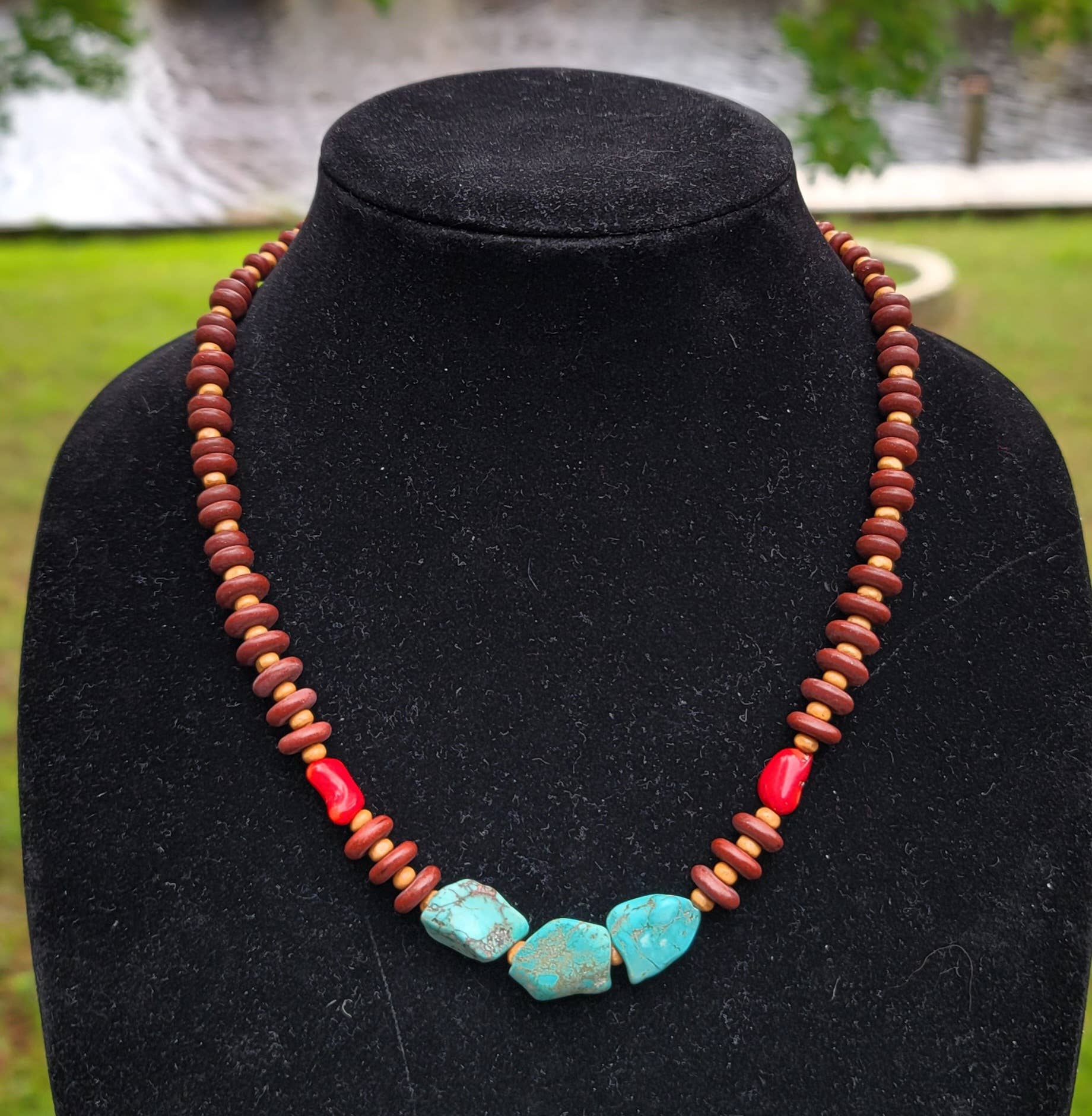 Turquoise, Coral Necklace, wood beads Native American made-Horse Spirit Studio-Stuffology - Where Vintage Meets Modern, A Boutique for Real Women in Crosbyton, TX