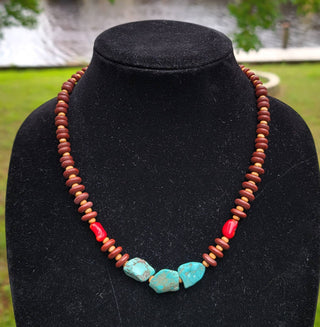 Turquoise, Coral Necklace, wood beads Native American made-Necklaces-Horse Spirit Studio-Stuffology - Where Vintage Meets Modern, A Boutique for Real Women in Crosbyton, TX