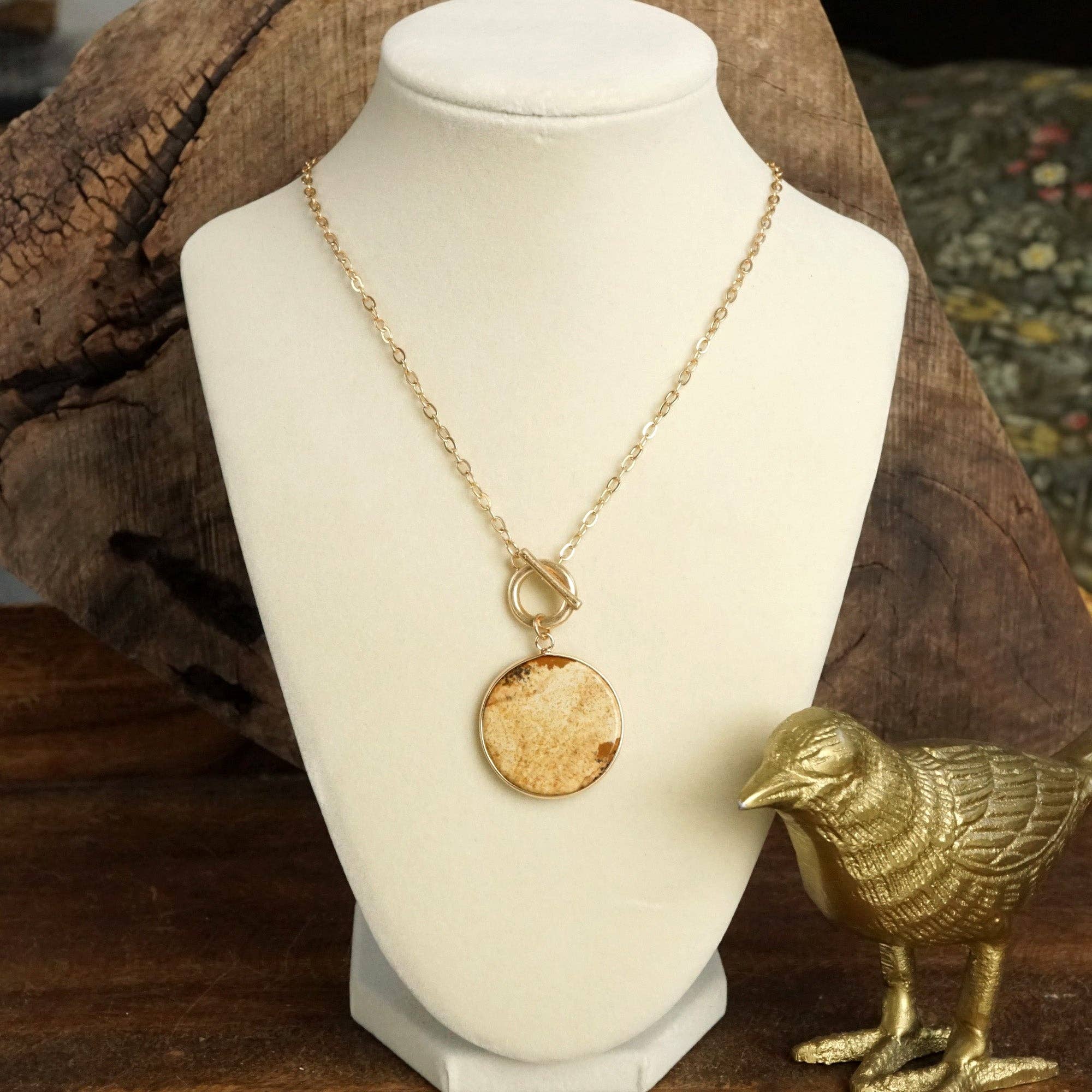 Semi-Precious Disc Pendant Front Toggle Chain Necklace-Necklaces-PennyLine inc-Stuffology - Where Vintage Meets Modern, A Boutique for Real Women in Crosbyton, TX