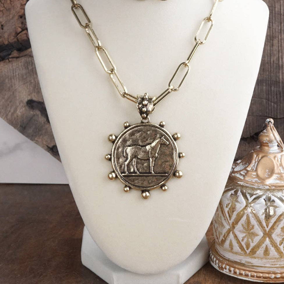 Equestrian Western Horse Coin Statement Necklace – Worn Gold Tone-necklace-PennyLine inc-Stuffology - Where Vintage Meets Modern, A Boutique for Real Women in Crosbyton, TX