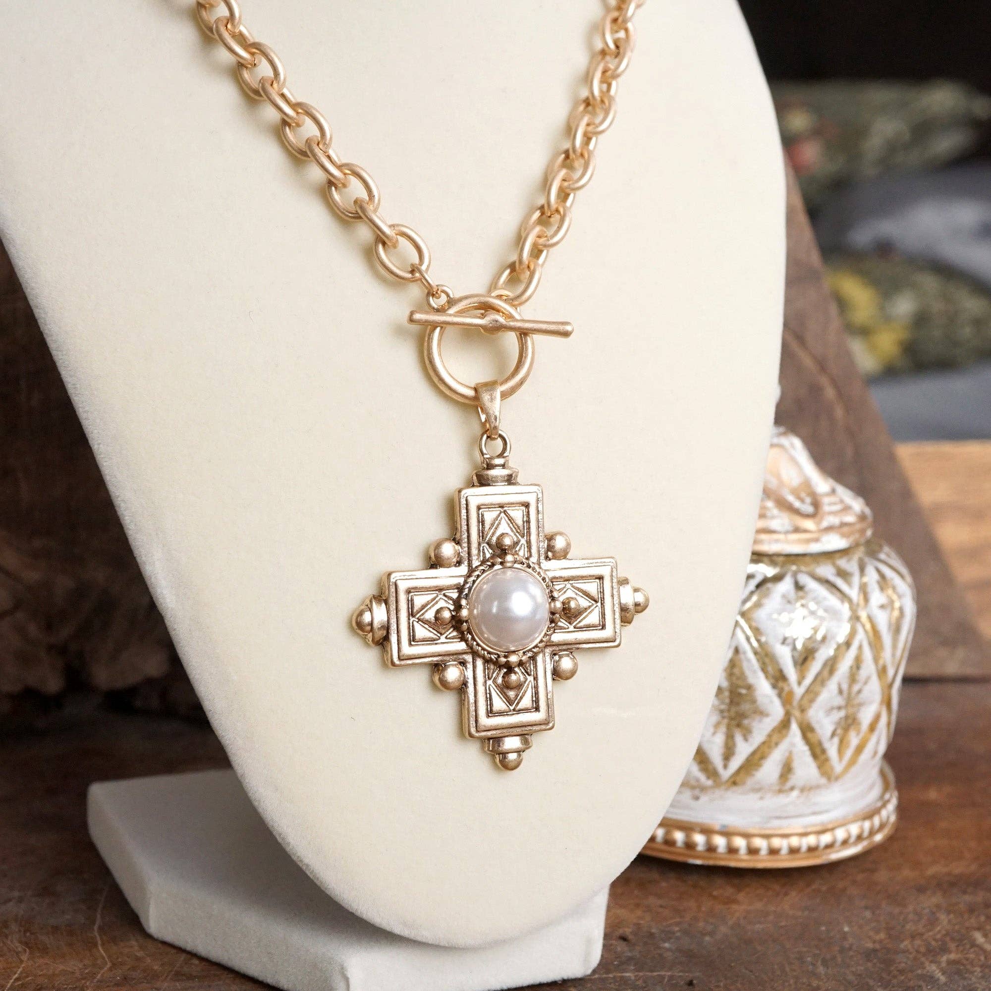 Decorative Cross Necklace Worn Gold Tone Front Toggle and Pearl-Necklaces-PennyLine inc-Stuffology - Where Vintage Meets Modern, A Boutique for Real Women in Crosbyton, TX