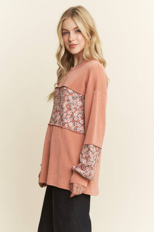 LONG SLEEVE RIBBED FLORAL TOP-TOP-HEIMISH-Stuffology - Where Vintage Meets Modern, A Boutique for Real Women in Crosbyton, TX