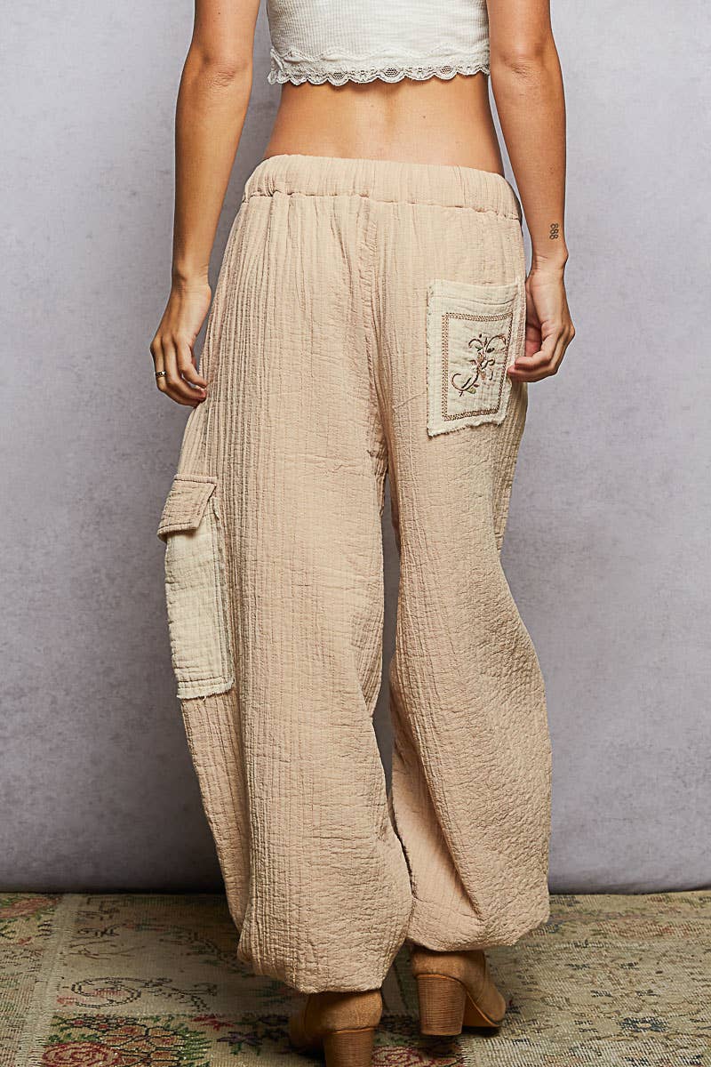 POL Clothing Double gauze floral embroidery accents patch detail pants-pants-Pol Clothing-Stuffology - Where Vintage Meets Modern, A Boutique for Real Women in Crosbyton, TX