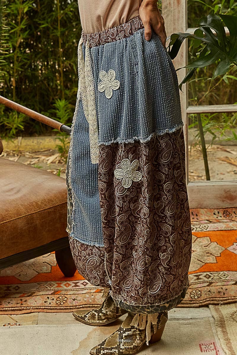 Crochet patch detail contrast patchwork printed woven pants-Pants-Pol Clothing-Stuffology - Where Vintage Meets Modern, A Boutique for Real Women in Crosbyton, TX