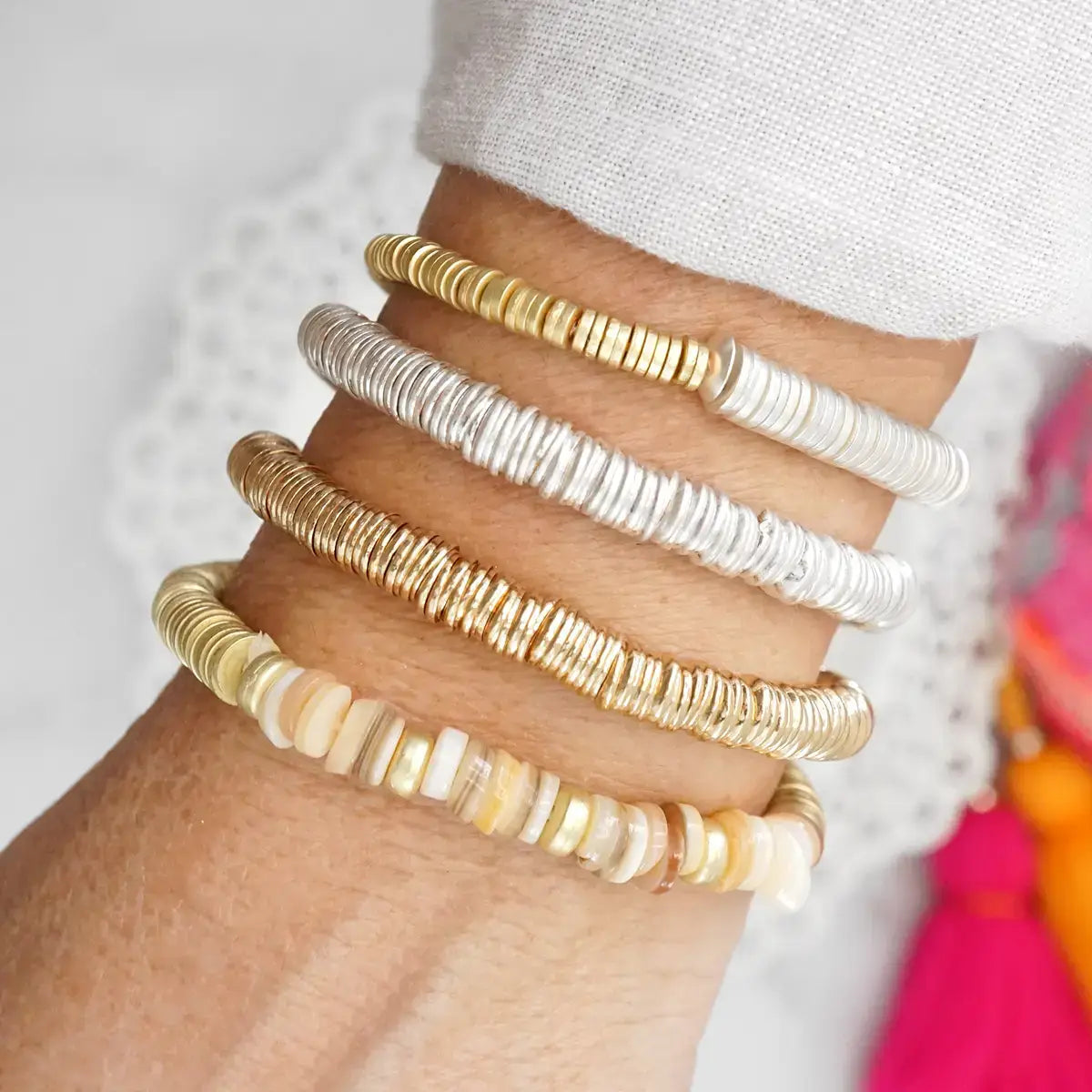 Heishi Disc Boho beaded stretchy bracelet Silver Gold Shell-Bracelets-PennyLine inc-Stuffology - Where Vintage Meets Modern, A Boutique for Real Women in Crosbyton, TX