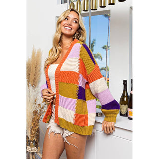 MULTI COLOR CHECKER BLOCK SWEATER CARDIGAN
