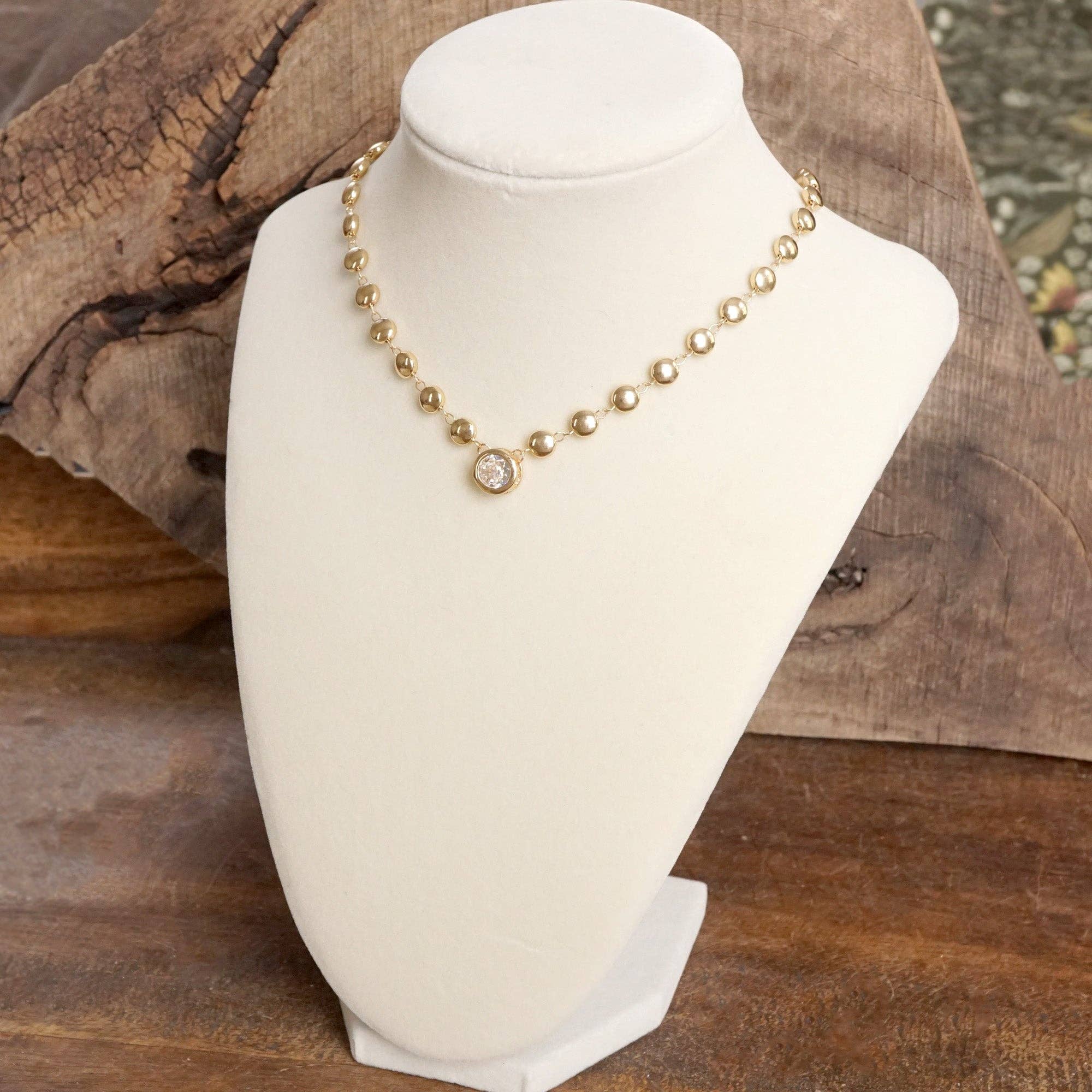 Clear Crystal Bezel Pendant Dot Chain Neckline Necklace-Necklaces-PennyLine inc-Stuffology - Where Vintage Meets Modern, A Boutique for Real Women in Crosbyton, TX