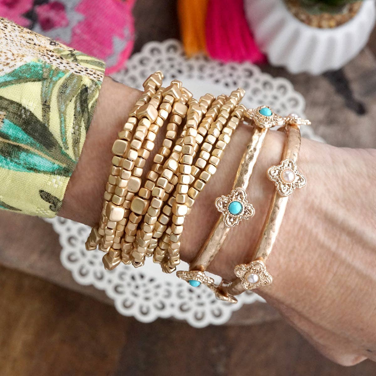 Sun-Kissed Shine – Medallion Stretchy Bangle with Pearl or Turquoise-Bracelets-PennyLine inc-Stuffology - Where Vintage Meets Modern, A Boutique for Real Women in Crosbyton, TX