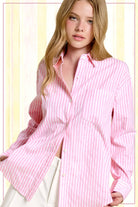 Collared Contrast Stripe Button Down Shirt-La Miel-Stuffology - Where Vintage Meets Modern, A Boutique for Real Women in Crosbyton, TX