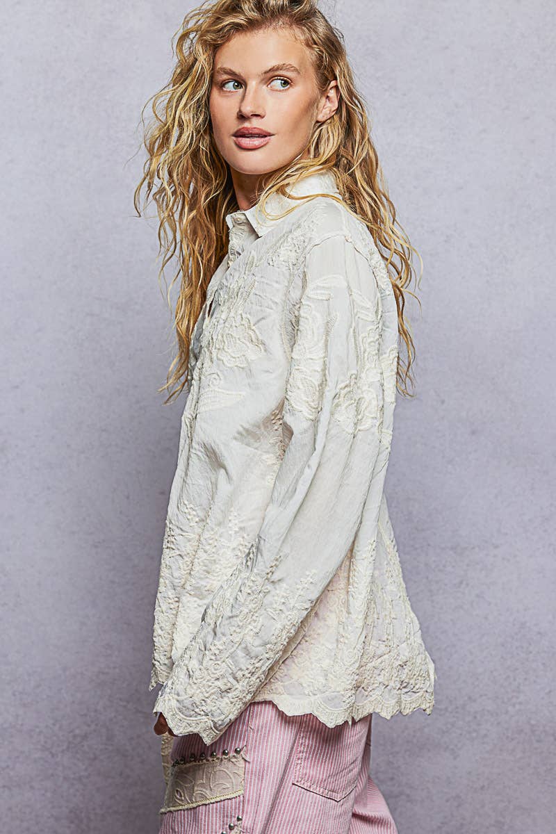 Long Sleeve Embroidered Scalloped Edge Shirt Top-Pol Clothing-Stuffology - Where Vintage Meets Modern, A Boutique for Real Women in Crosbyton, TX