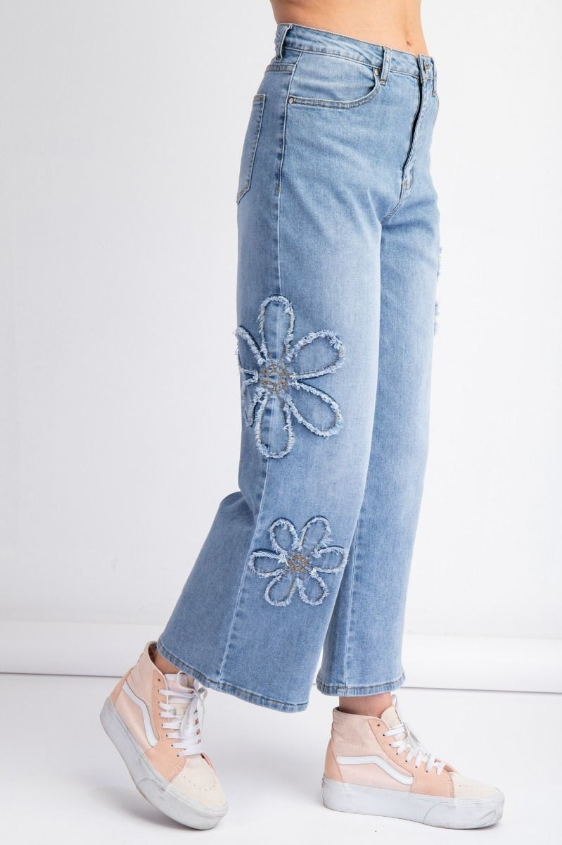 Flower Patch Washed Denim Pants /Stuffology Boutique-Jeans-EASEL-Stuffology - Where Vintage Meets Modern, A Boutique for Real Women in Crosbyton, TX