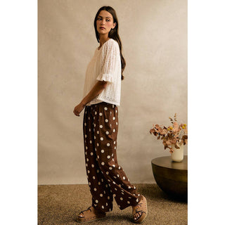 POLKA DOT CREPE SMOCKED POCKET WIDE LEG PANTS-Wide Leg Pants-So Me-Stuffology - Where Vintage Meets Modern, A Boutique for Real Women in Crosbyton, TX