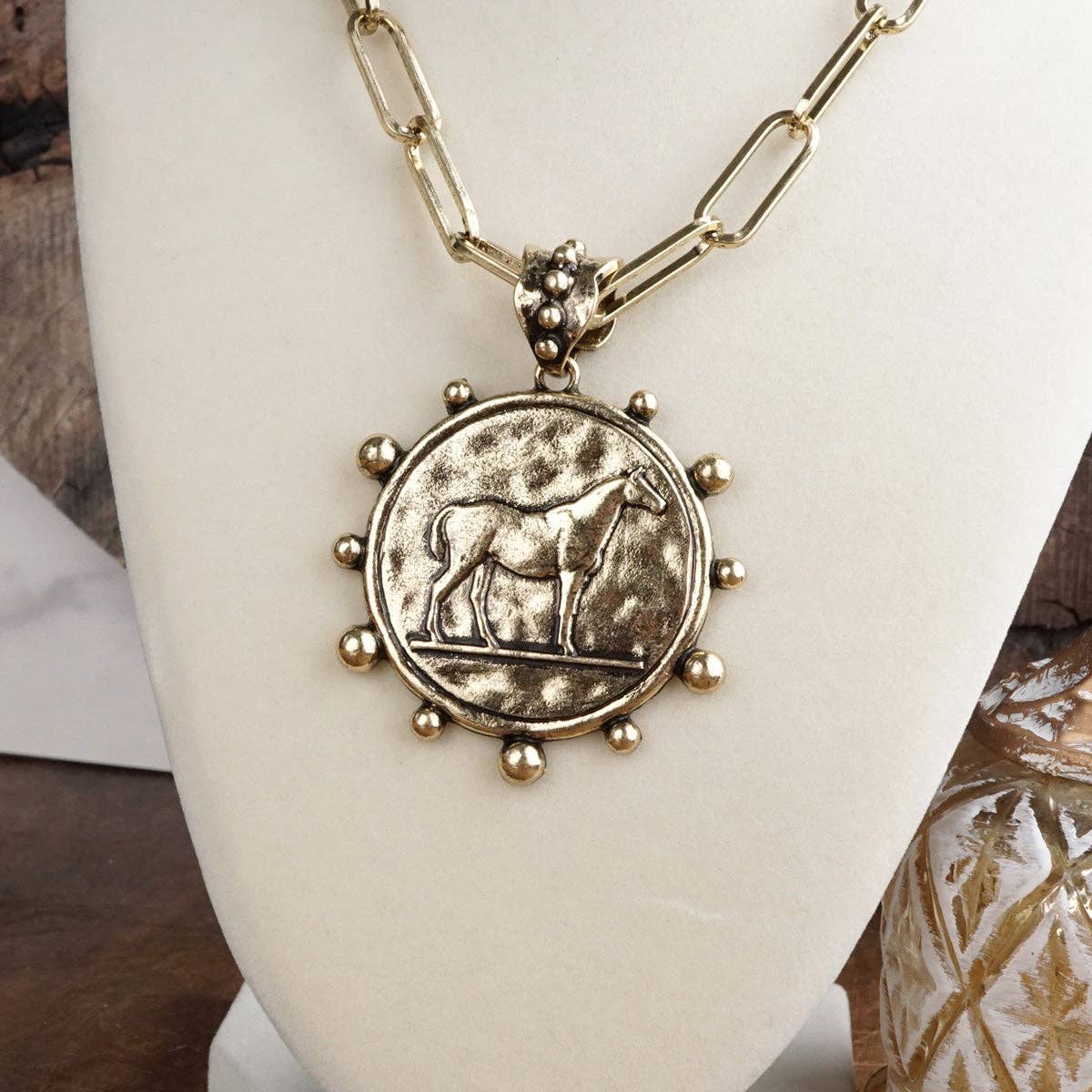 Equestrian Western Horse Coin Statement Necklace – Worn Gold Tone-necklace-PennyLine inc-Stuffology - Where Vintage Meets Modern, A Boutique for Real Women in Crosbyton, TX