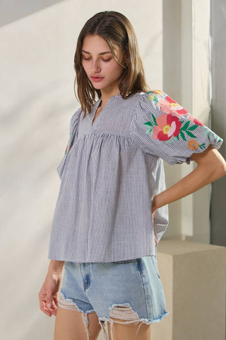 Navy Yarn Dye Striped Fabric Top-Blouse-Oddi-Stuffology - Where Vintage Meets Modern, A Boutique for Real Women in Crosbyton, TX
