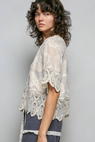 Crochet Trim Neckline Short Sleeve Jacket Top-Pol Clothing-Stuffology - Where Vintage Meets Modern, A Boutique for Real Women in Crosbyton, TX