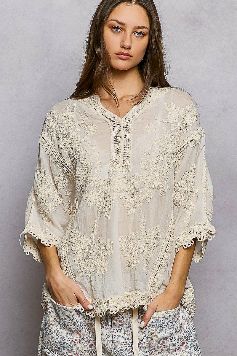 POL Clothing V-neck Short Sleeve Floral Embroidered Crochet Blouse Top-Crochet Top-Pol Clothing-Stuffology - Where Vintage Meets Modern, A Boutique for Real Women in Crosbyton, TX