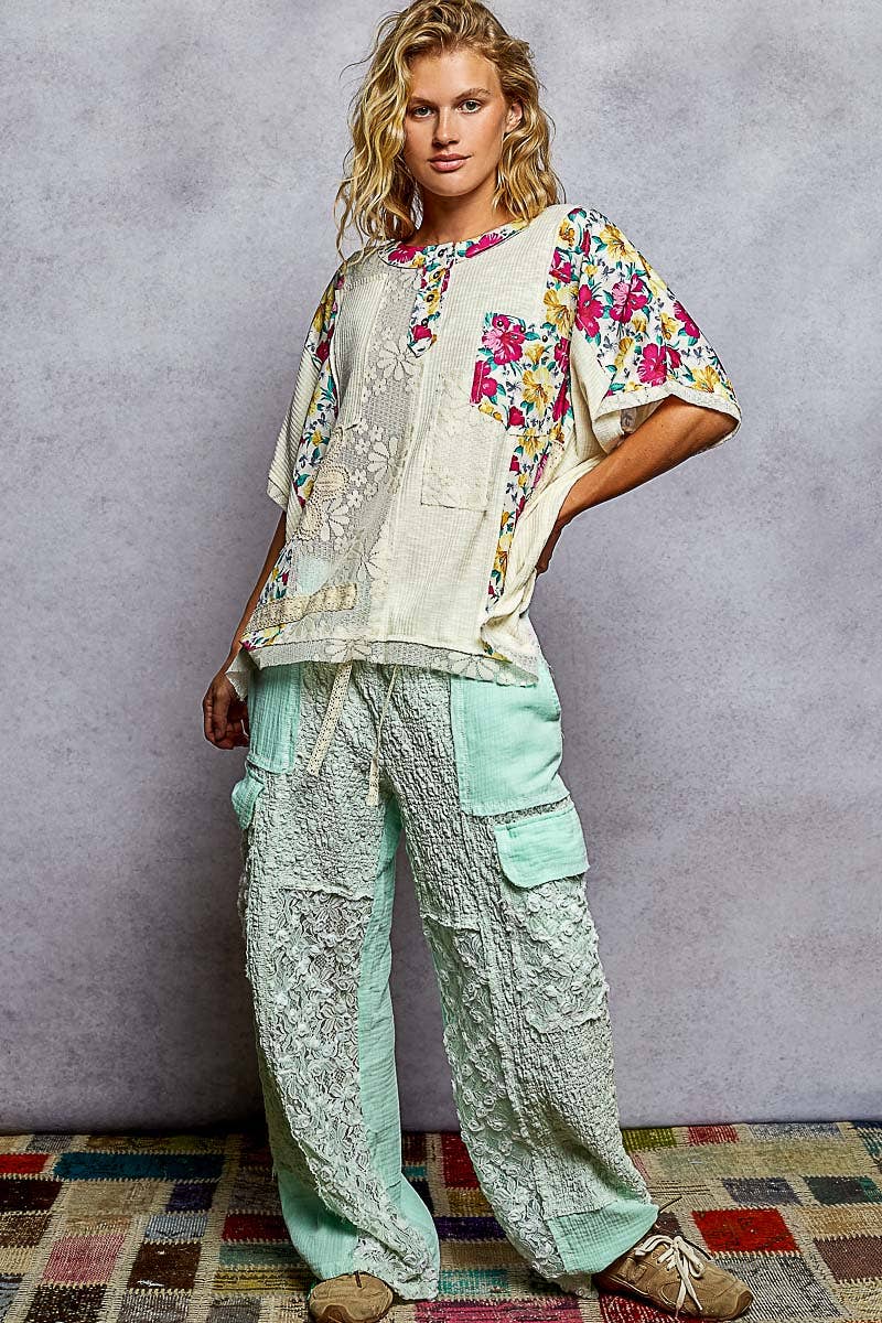 POL Clothing Round Neck Short Sleeve Floral Knit Rib Top-Loose Fit Top-Pol Clothing-Stuffology - Where Vintage Meets Modern, A Boutique for Real Women in Crosbyton, TX